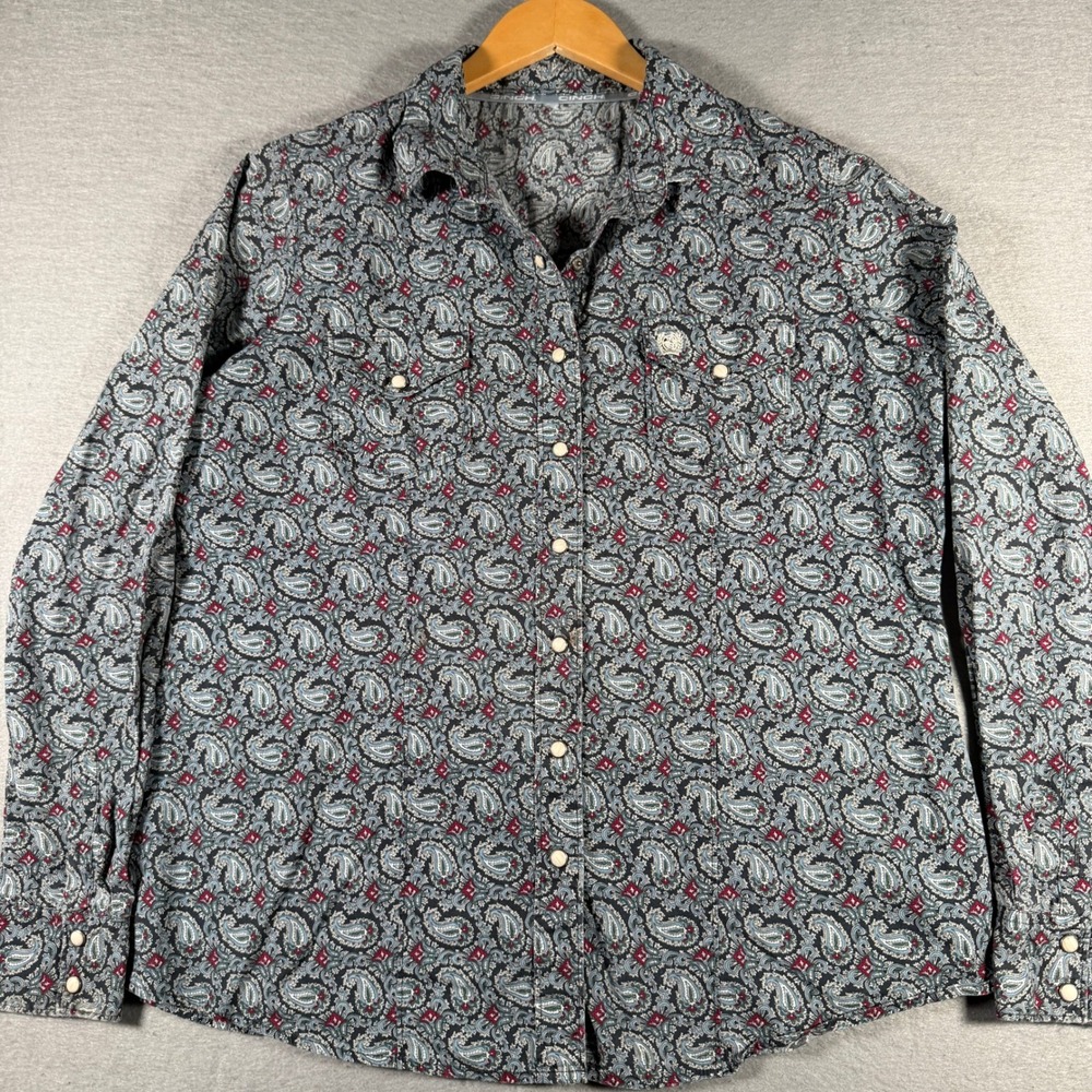 Cinch Womens Paisley Western Button Down Shirt Navy Red Pearl Snap MSW9200039